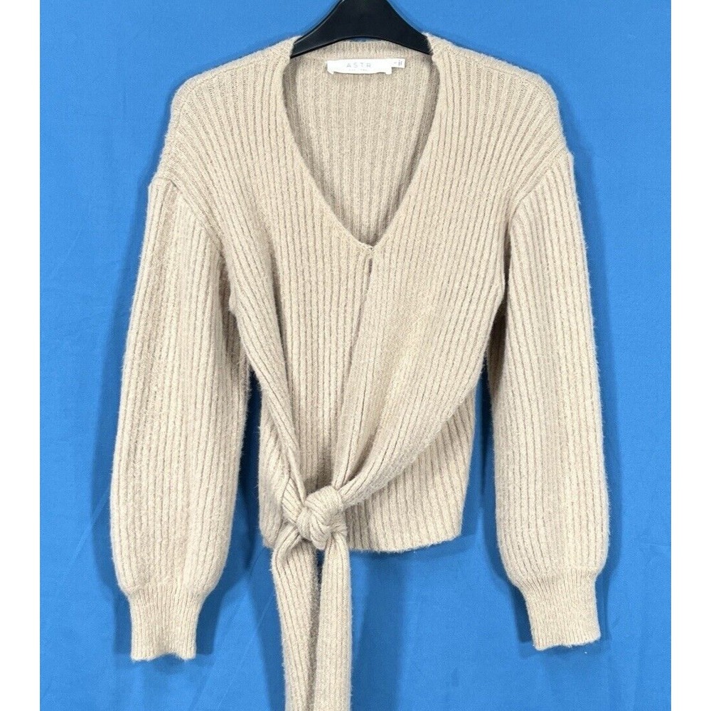 ASTR THE LABEL Beige Blush COZY Wool Blend RIBBED KNIT Wrap TIE-FRONT Sweater S